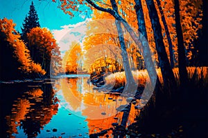 Oil painting landscape autumn forest, majestic landscape background
