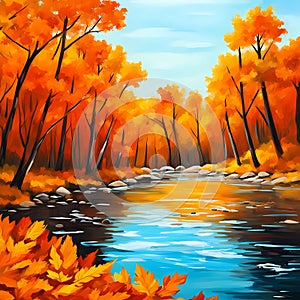 Oil painting landscape - autumn forest near the river, orange leaves.