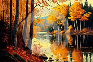 Oil painting landscape autumn forest near the river, poetic scenery background