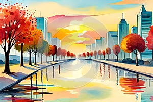 oil painting landscape - autumn trees on wet road. ai generated