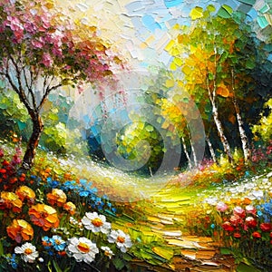 Oil painting. Landscape: Blooming trees and flowers in summer.