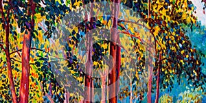 Oil painting landscape on canvas - autumn trees