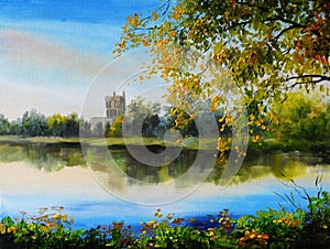 Oil painting landscape - castle near lake, tree over the water