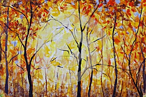 Oil painting landscape - colorful autumn forest