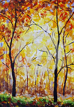 Oil painting landscape - colorful autumn forest