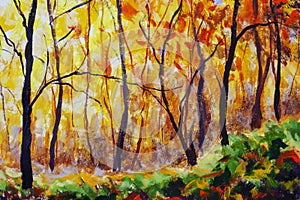 Oil painting landscape - colorful autumn forest