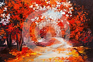 Oil painting landscape - colorful autumn forest