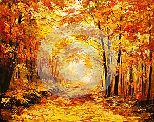 Oil painting landscape - colorful autumn forest