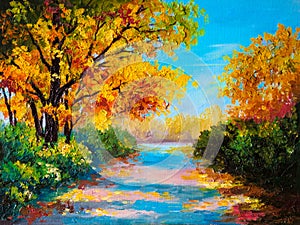 Oil painting landscape - colorful autumn forest