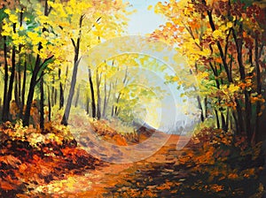 Oil painting landscape - colorful autumn forest