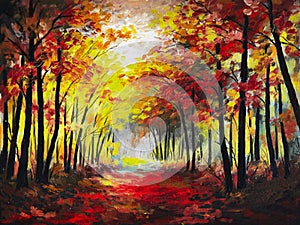 Oil painting landscape - colorful autumn forest