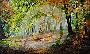 Oil painting landscape - colorful autumn forest