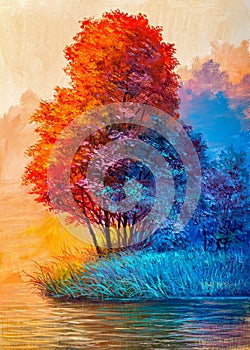 Oil painting landscape - colorful autumn forest