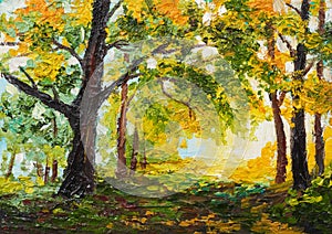 Oil painting landscape - colorful autumn forest on canvas