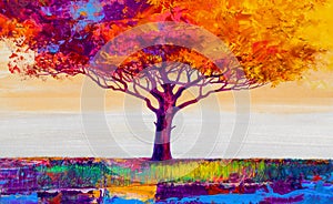 Oil painting landscape. Colorful autumn tree. Abstract style
