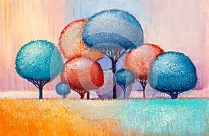 Oil painting landscape. Colorful autumn trees. Abstract style