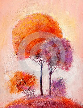 Oil painting landscape. Colorful autumn trees. Abstract style