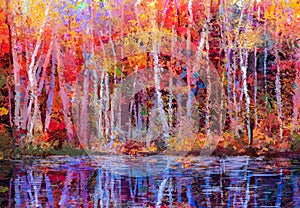 Oil painting landscape - colorful autumn trees