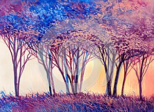 Oil painting landscape, colorful trees. Hand Painted Impressionist