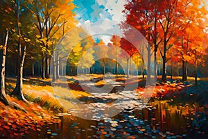 Oil painting landscape, colorful trees. Hand Painted Impressionist Generated Ai