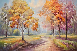 Oil painting landscape, colorful trees. Hand Painted Impressionist, outdoor landscape