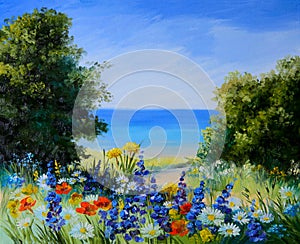 Oil painting landscape - field near the sea, wild flowers