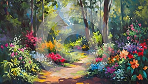 Oil painting landscape - garden near the house