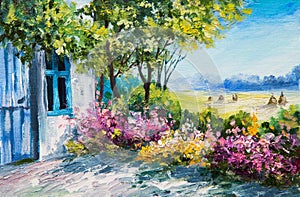 Oil painting landscape - garden near the house, colorful flowers