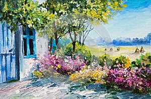 Oil painting landscape - garden near the house, colorful flowers photo