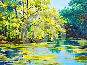 Oil painting landscape - lake in the forest