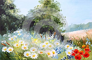 Oil painting landscape - meadow of daisies