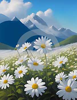 Oil painting landscape - meadow of daisies, nature. Beautiful nature and mountain scene with blooming flowers chamomiles with blue