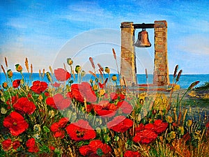 Oil painting landscape - poppies near the sea, bell at sunset.