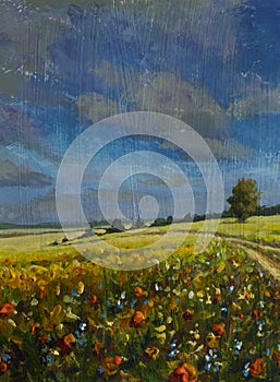 Oil painting landscape rural field with flowers and road