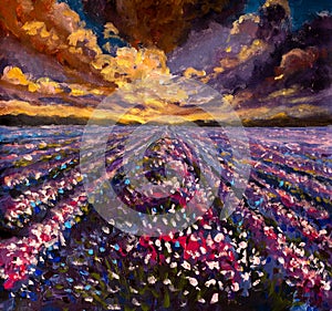 Oil painting lavender field at sunset sunrise