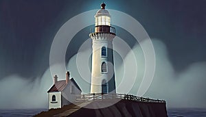 Oil painting of lighthouse at seashore at night. Dark sky and sea water