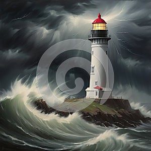 Oil painting of a lighthouse in a storm