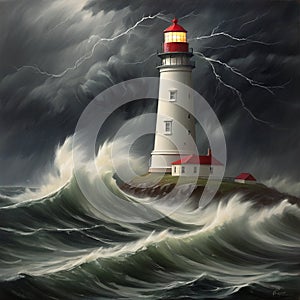 Oil painting of a lighthouse in a storm