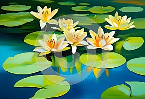 Oil Painting of lilies in the water. Modern art