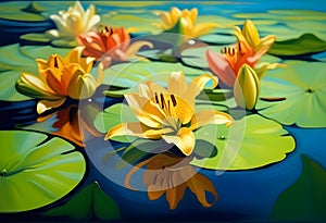 Oil Painting of lilies in the water. Modern art