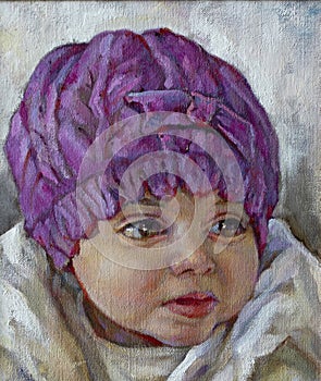Oil painting of a little girl with a hat