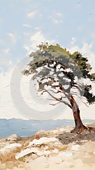 Oil painting of a lonely pine tree on a costal cliff against a cloudy sky