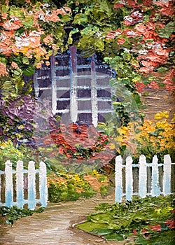 Oil painting - lots of flowers around the house, walkway