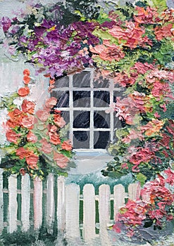 Oil painting - lots of flowers around the house, walkway