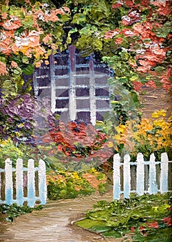 Oil painting - lots of flowers around the house, walkway photo