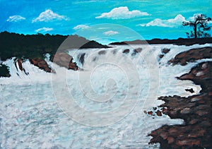 Oil painting of low waterfall