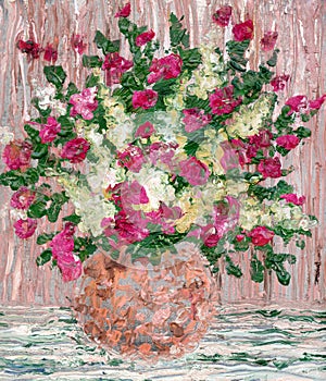 Oil painting. Lush bouquet of fresh flowers