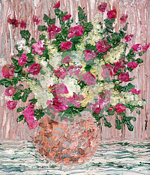 Oil painting. A lush bouquet of red flowers