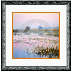 an oil painting of a marsh with reeds and water lilies