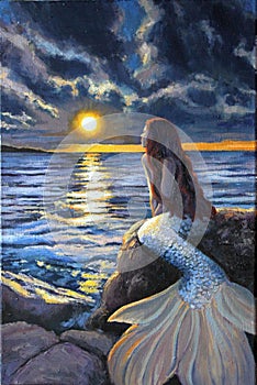 Oil painting: a mermaid on the seashore gazing at the sunset. Fantasy.